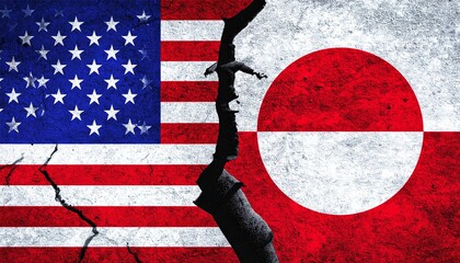 Cracked fusion of U.S. and Greenland flags symbolizing division or geopolitical tension.