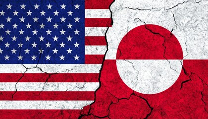 Cracked fusion of U.S. and Greenland flags symbolizing division or geopolitical tension.