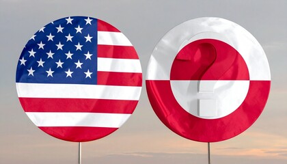 U.S. and Greenland flags with question mark replacing Greenland&rsquo;s emblem, symbolizing geopolitical uncertainty.
