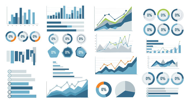 Collection of blue and white business infographic vector graphics with various charts and graphs on a clean white background.