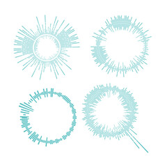 Sound equalizer icons with lines and dots, gradient neon circular sound wave frames, abstract radial music icons. Audio beat symbol concept isolated on white. sound wave effec