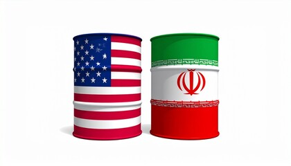 U.S. and Iran oil barrels side by side symbolizing geopolitical energy relations.