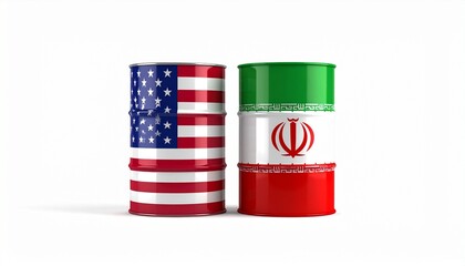 U.S. and Iran oil barrels side by side symbolizing geopolitical energy relations.