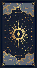 Tarot magic cover card frame. Celelstial mystery esoteric decoration with stars and moon on blue background
