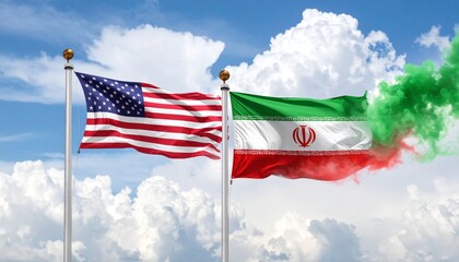 U.S. and Iran flags with colored smoke symbolizing international relations.