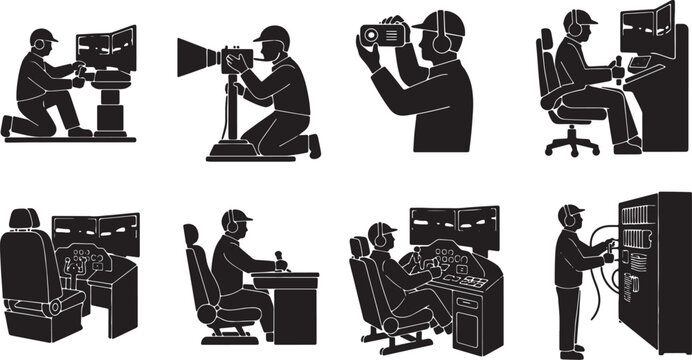 6 Black Solid Flight Simulator Technician Silhouettes Set on White Background