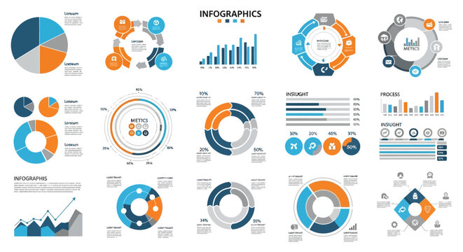 Collection of various business infographic vector elements and graphs on a white background, showcasing different data visualization styles and designs.