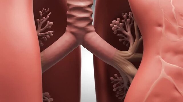 Human lungs with trachea and damaged lung