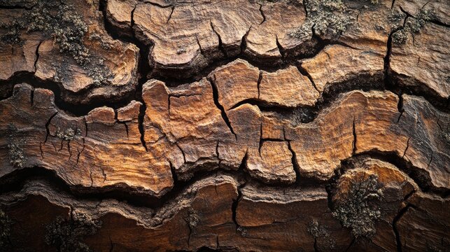 Ancient oak bark texture with labyrinthine crevices and fissures, deep umber and sepia tones, extreme close-up photography revealing intricate natural patterns, weathered wooden terrain with lichen