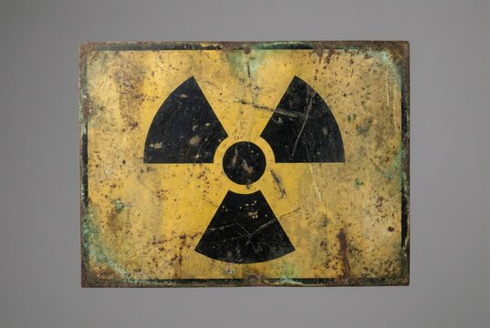 Weathered yellow radiation warning sign with black symbol showing signs of age and wear, set against a neutral gray background for safety and caution themes - Powered by Adobe