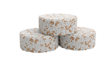 Three cylindrical stacks of rice and wheat grains