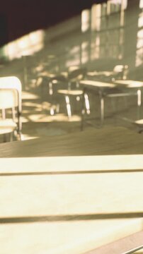 Warm rays of sunlight filter into an empty classroom filled with wooden desks and chairs. The soft light casts intriguing shadows on the floor, evoking a peaceful mood.