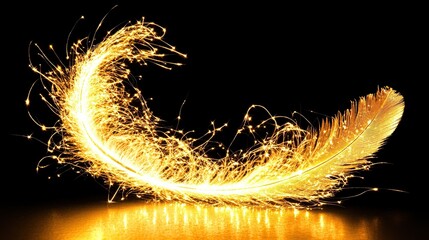 Elegant Golden Sparkler Arc Creating a Luminous Crescent over Reflective Surface in Darkness