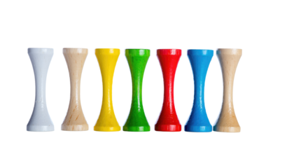 Seven hourglass shaped objects in white beige yellow green red blue and tan colors are aligned alpha channel with white background