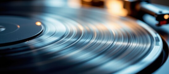 Business digital statistics concept. Vinyl record spinning on a turntable in soft lighting.