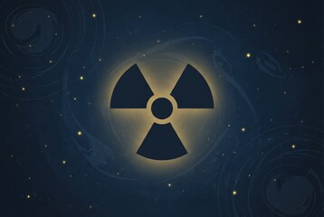 Fototapeta premium Radiation symbol in dark blue space background with glowing stars and abstract swirls, representing nuclear energy and safety in a cosmic setting with copy space