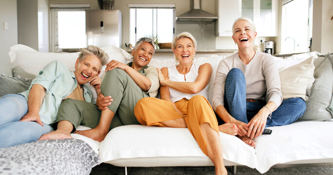 Sofa, mature women and watching tv with laughing for comedy movie, weekend break or bonding. Relax, happy friends or streaming series together in home for holiday reunion, entertainment or funny show