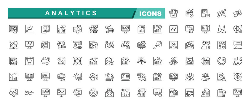 Analytics line icons collection. Big Data Analytics icon set in a flat design. Vector illustration. Line icon set. Thin outline icons pack. Included analysis, data research, information and more.