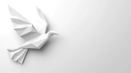 Elegant grayscale origami crane in soft geometric folds resting on a pale gradient background