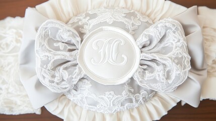 Elegant ivory lace headband with satin ruffles and a central monogrammed medallion centerpiece