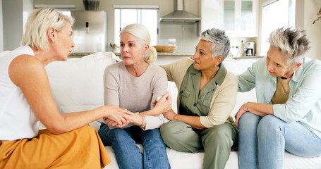 Naklejka premium Women, comfort and sad friend on sofa for support, breakup or sympathy for relationship fail. Mature people, group and consoling person with depression, broken heart or grief with breakdown in house
