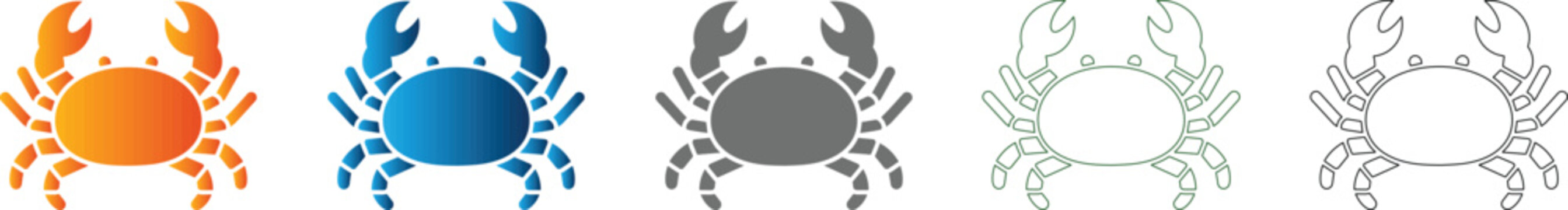 Crab icon set graphic, stylized marine creature, flat design vector