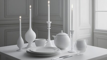 Elegant monochrome table setting with candles and fine china in a sunlit room