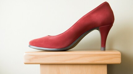 Elegant Red High Heel Shoe Displayed on Lightwood Platform for Studio Photography