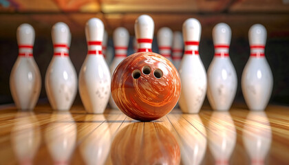 Close-up of a bowling ball hitting pins scoring a strike