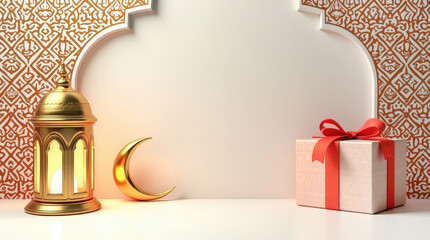 Elegant Ramadan still life with golden crescent moon, ornate lantern, and white gift box wrapped in red ribbon on white background	