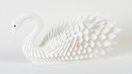 Elegant white paper-sculpted swan with intricately layered feather textures on a pale surface