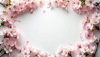 Obraz premium 満開の桜が囲む楕円形のフローラルフレーム：白背景の華やかな春のお祝い背景