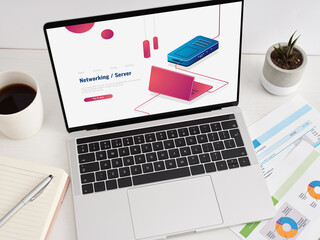Laptop displaying networking server concept on office desk