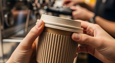 A person holding a disposable coffee cup in a cafe