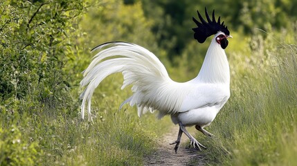Elegant White Rooster with Luxurious Long Tail Displaying Black Accents in a Green Meadow