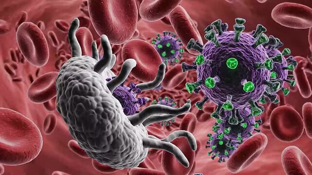 Close-up biological illustration depicting red blood cells, a white blood cell, and menacing virus particles, symbolizing the intricate battle against infection within the human body