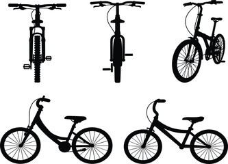 Mountain bike and bicycle silhouette vector set, cycling transportation icons for outdoor sports and active lifestyle