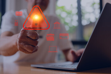 Senior elderly manager hand touching glowing caution warning sign internet network security concept, notification error, maintenance, e-document data protection
