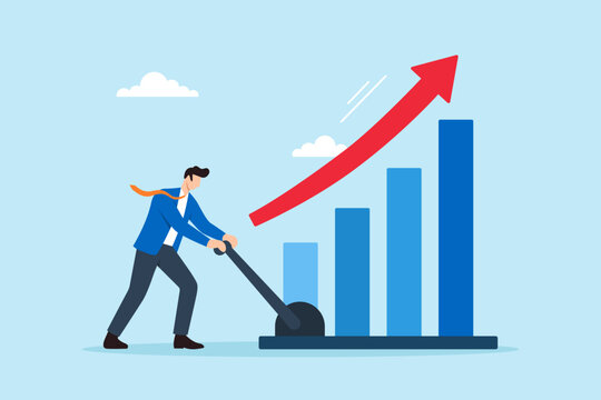 Flat illustration of businessman activating lever to boost rising bar chart symbolizing business growth acceleration performance improvement and strategic momentum