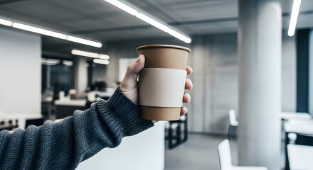 A person holding a paper coffee cup in a modern office setting with fluorescent lighting