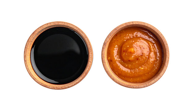 Sauce and Soy Sauce in a Small Wooden Bowl, Isolated on Transparent Background, Top View, Flat Lay, From the Side.