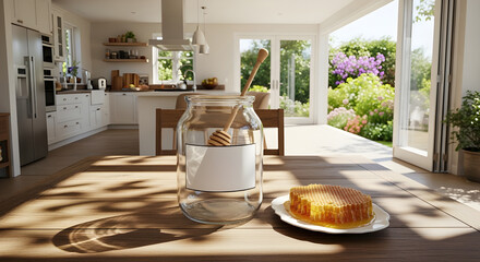 A modern kitchen with a jar of honey and a slice of honeycomb on a wooden table