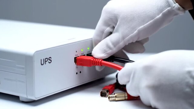 White gloved hands connect red cables to the back of a white UPS unit