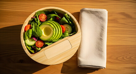 A healthy salad in a bamboo bowl with a napkin on a wooden table