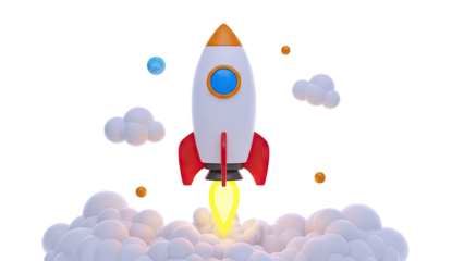 Cartoon Rocket Launching into Space with Clouds and Planets