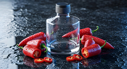 A clear glass bottle surrounded by vibrant red chili peppers on a wet black surface