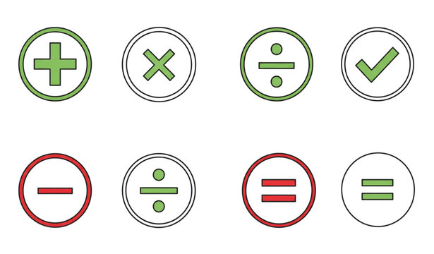 Thin line math symbols and checkmark vector icon set isolated on transparent background