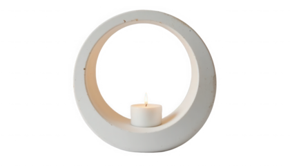 Minimalist white circular candle holder featuring a single glowing tea light flame inside the opening on transparent background