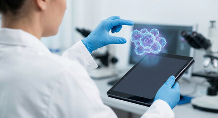 Female Scientist Analyzing Holographic Cell Structure on Tablet in Lab