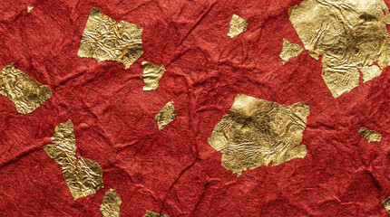 Abstract Gold Leaf Foil Flakes on Red Textured Paper Background